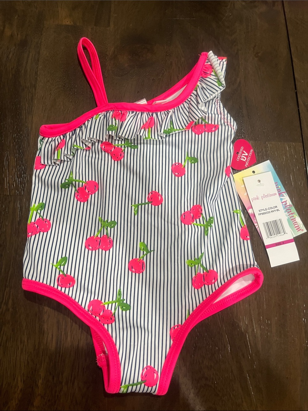 Pink Platinum swimsuit black white and pink cherries stripes Swimsuit size 4 NWT